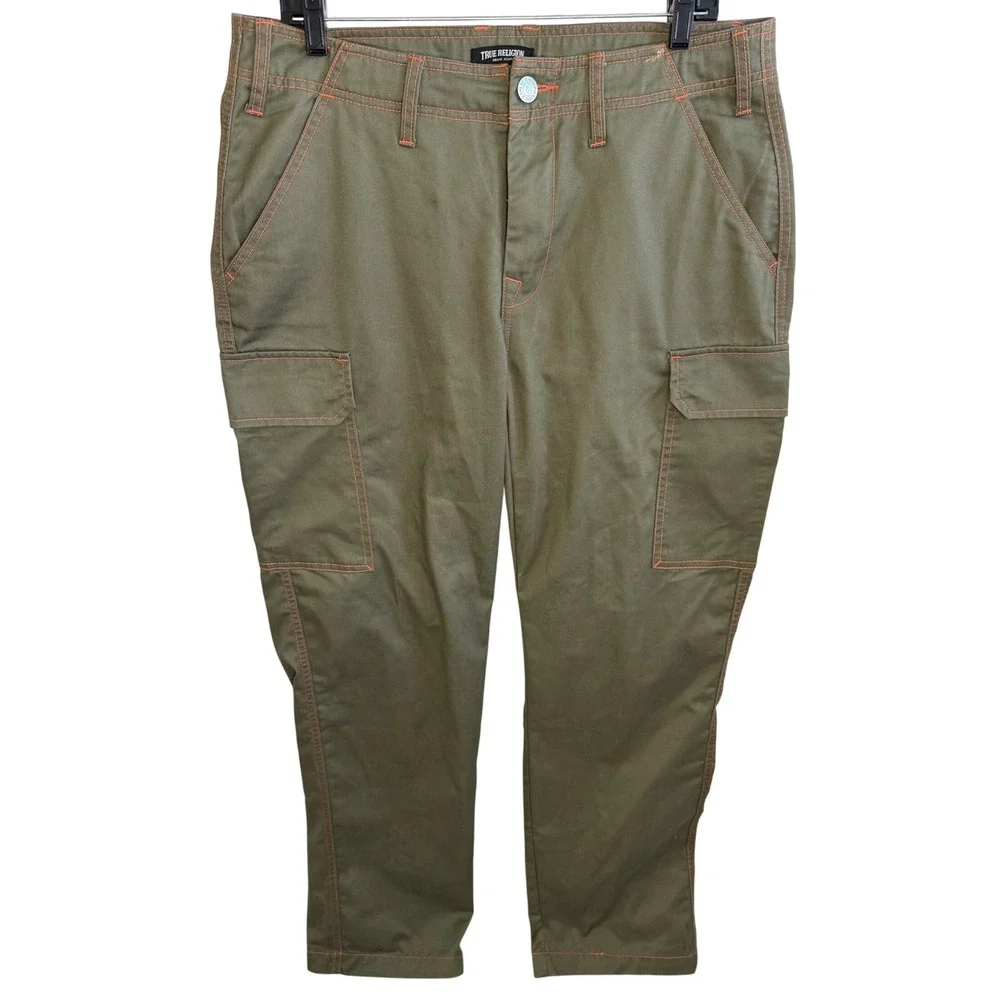 True‎ Religion Men's Cargo Pants Olive Green Orange Contrast Stitch Size 32